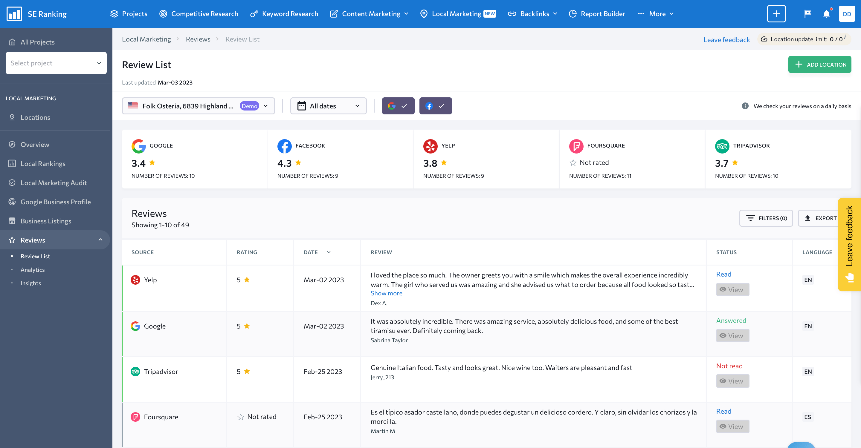 Capture d'écran de la gestion de la réputation en ligne de SE Ranking