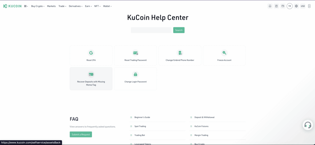 Pagina di aiuto di KuCoin