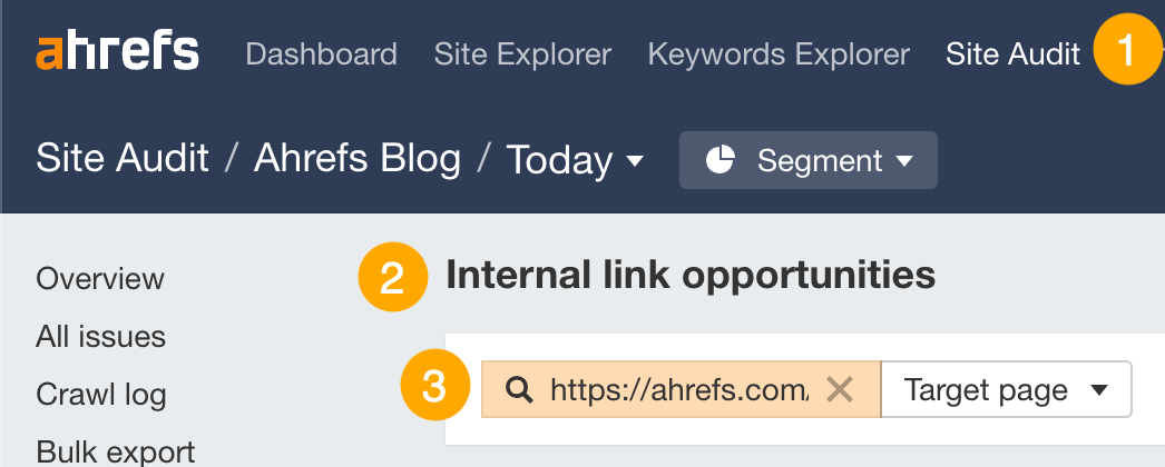Sử dụng công cụ Cơ hội liên kết nội bộ trong Kiểm tra trang web của Ahrefs để tìm địa điểm thêm liên kết nội bộ