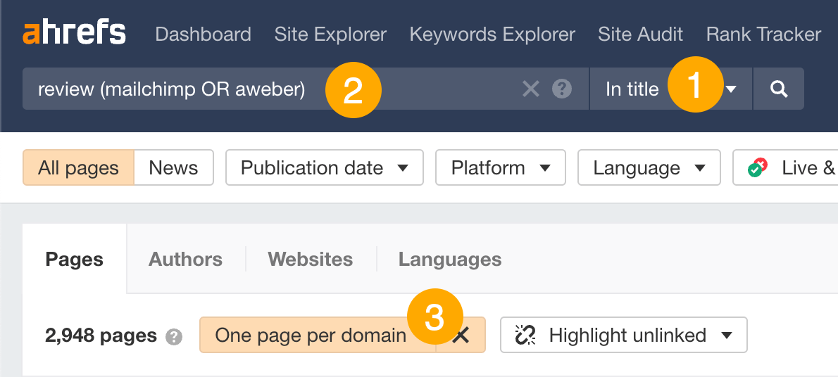 Tìm kiếm các đánh giá đề cập đến đối thủ cạnh tranh trong Content Explorer của Ahrefs