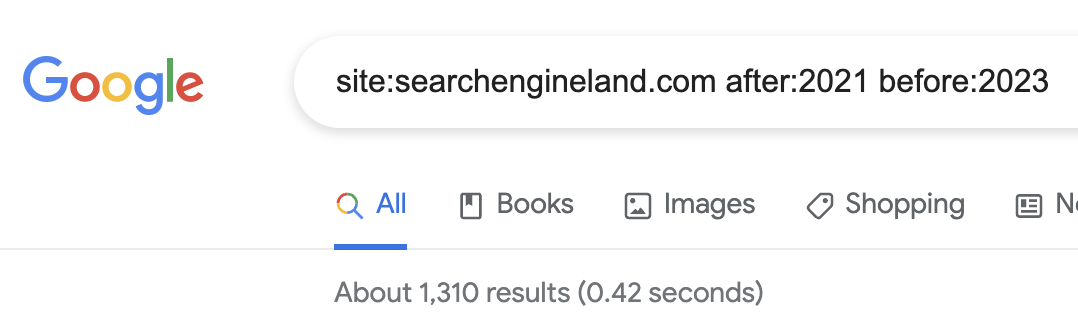 Checking Search Engine Land's publishing pace using the site:, after:, and before: operators 