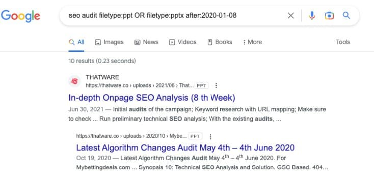 Google filetype search after a specific date