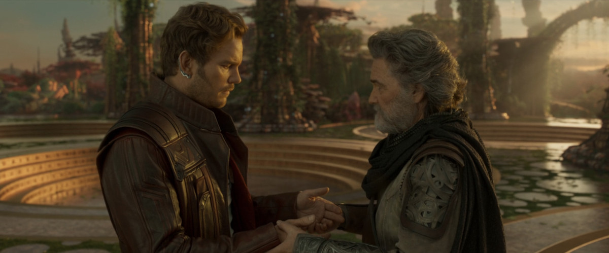 Peter Quill (Chris Pratt) and Ego (Kurt Russell) share a tender moment in Guardians of the Galaxy Vol. 2