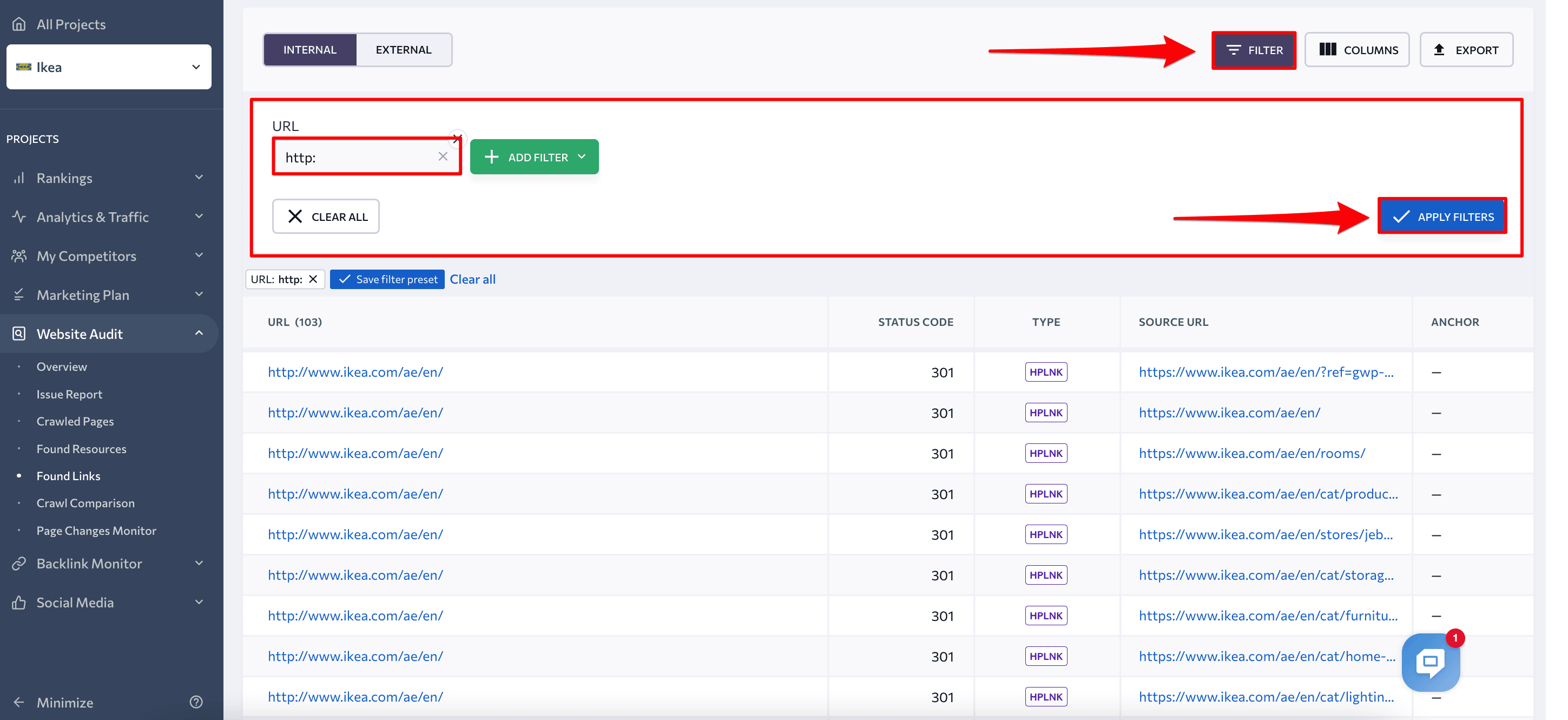 Die Liste der HTTP-URLs im SE-Ranking