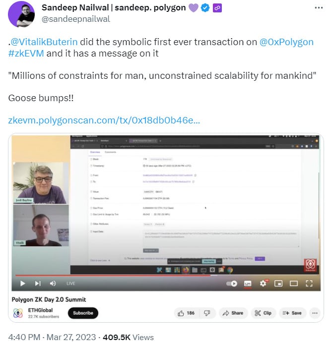 Vitalik이 Polygon zkEVM에서 첫 번째 tx에 서명하는 것을 보여주는 트윗