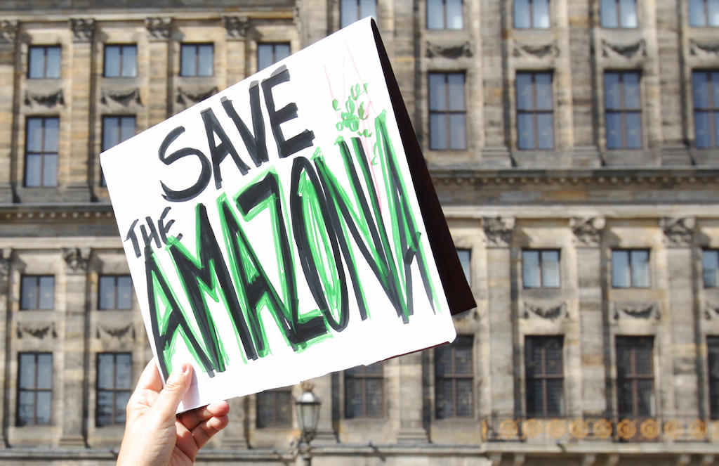 Activisten nemen deel aan een demonstratie uit solidariteit met de Amazone op de Dam in Amsterdam.