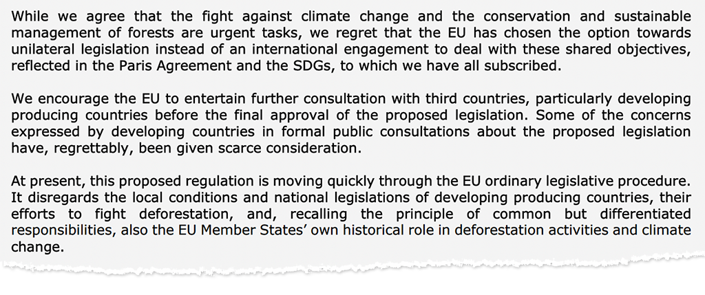 رسالة إلى صانعي السياسة في الاتحاد الأوروبي بشأن قانون إزالة الغابات في الاتحاد الأوروبي ، الذي وقعته 14 دولة نامية من كبار منتجي السلع الأساسية.