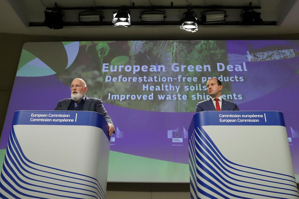 
The EU Commission’s Frans Timmermans and EU Environment, Oceans and Fisheries commissioner Virginijus Sinkevicius announce a package of proposals including the deforestation law. 