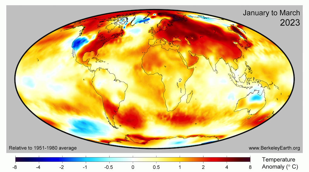 Sự bất thường về nhiệt độ bề mặt toàn cầu trong ba tháng đầu năm 2023 so với giai đoạn cơ sở 1951-1980, lấy từ Berkeley Earth.