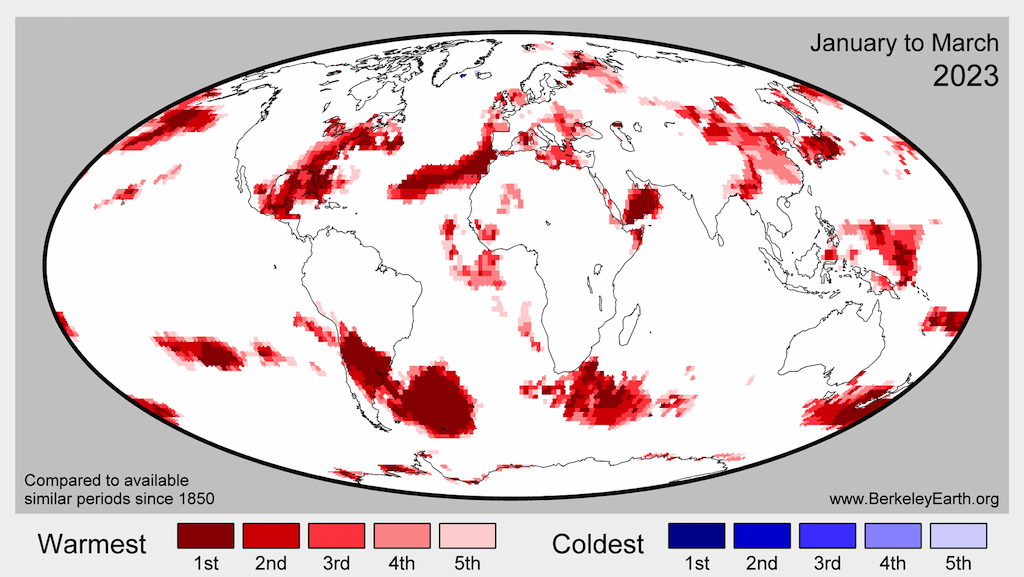 Các vị trí thiết lập nhiệt độ ấm kỷ lục trong ba tháng đầu năm 2023 dựa trên dữ liệu từ năm 1850, được lấy từ Berkeley Earth.