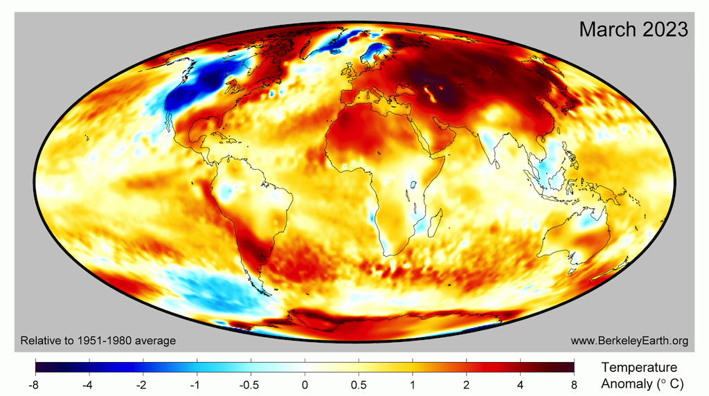 Dị thường nhiệt độ bề mặt toàn cầu vào tháng 2023 năm 1951 so với giai đoạn cơ sở 1980-XNUMX, lấy từ Berkeley Earth.