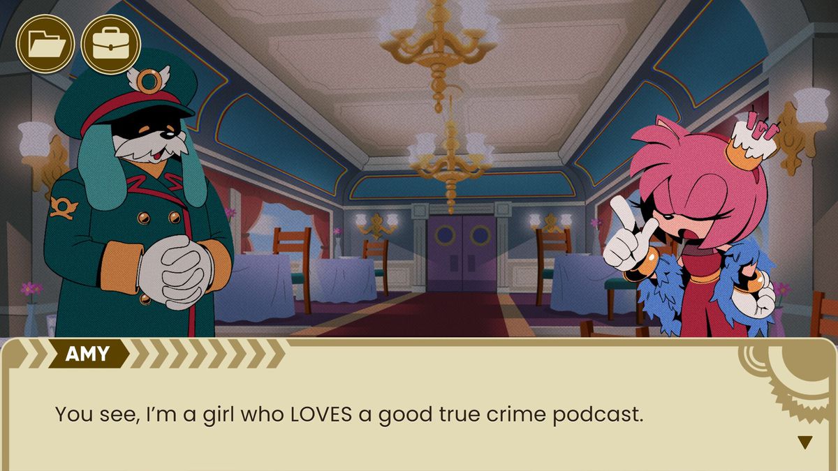 Amy Rose tells the conductor about her true crime hobby in The Murder of Sonic the Hedgehog