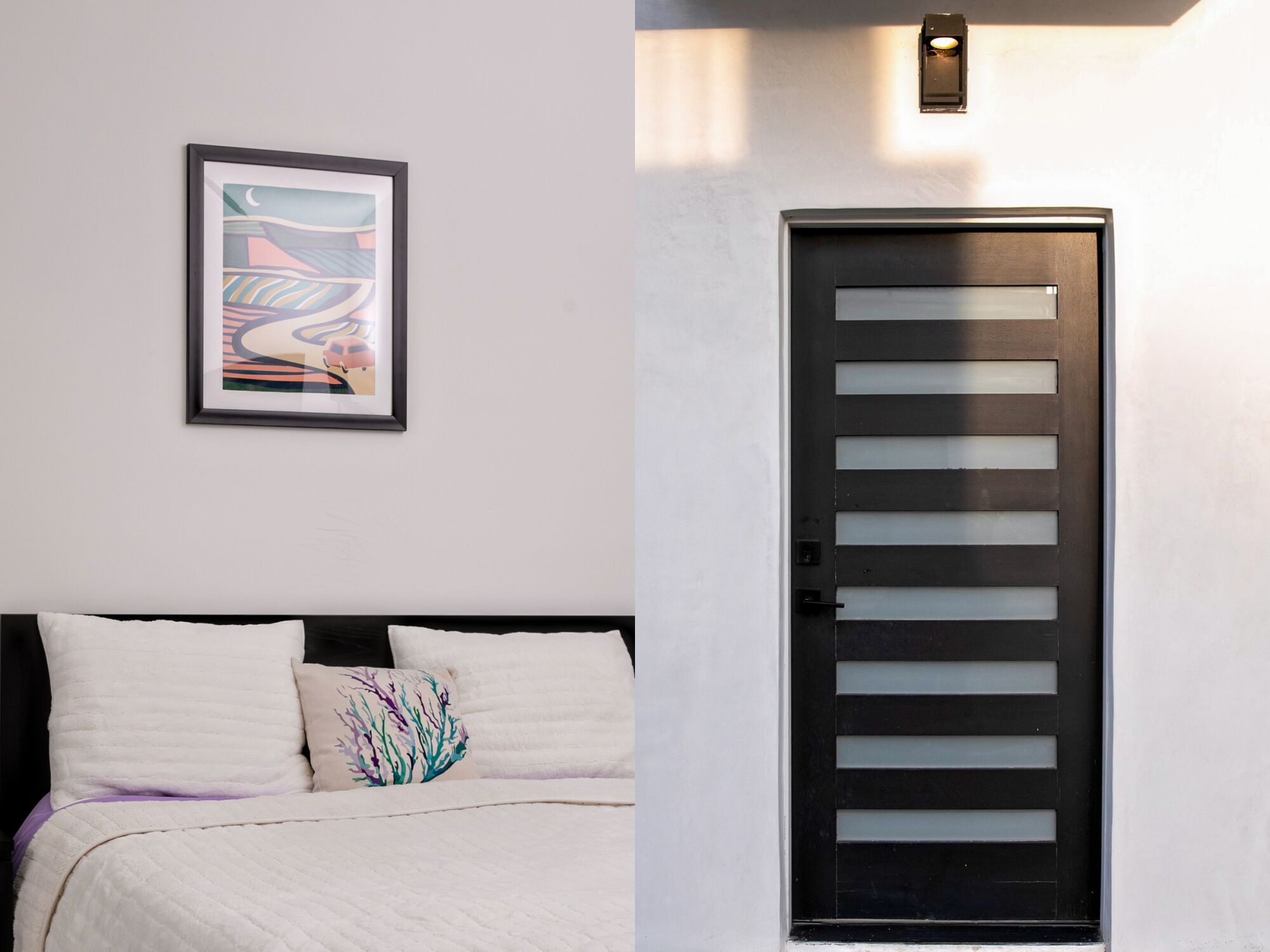 Yan yana iki fotoğraf; biri yatağın üzerinde asılı bir resim çerçevesini, diğeri ise bir evin ön kapısını gösteriyor.