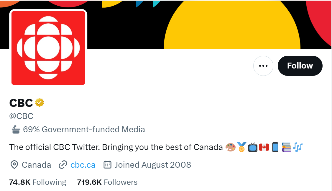 علامة CBC الإعلامية الخاصة الممولة من الحكومة على Twitter