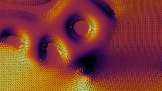 Simulación que captura las diferentes texturas arremolinadas de skyrmions y merons observadas en una película delgada de ferromagneto