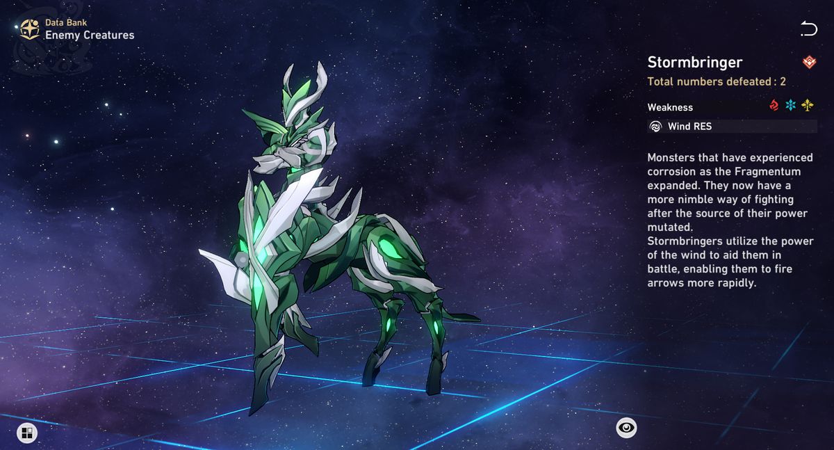 The data bank page for a Stormbringer, a green mechanical centaur, in Honkai: Star Rail