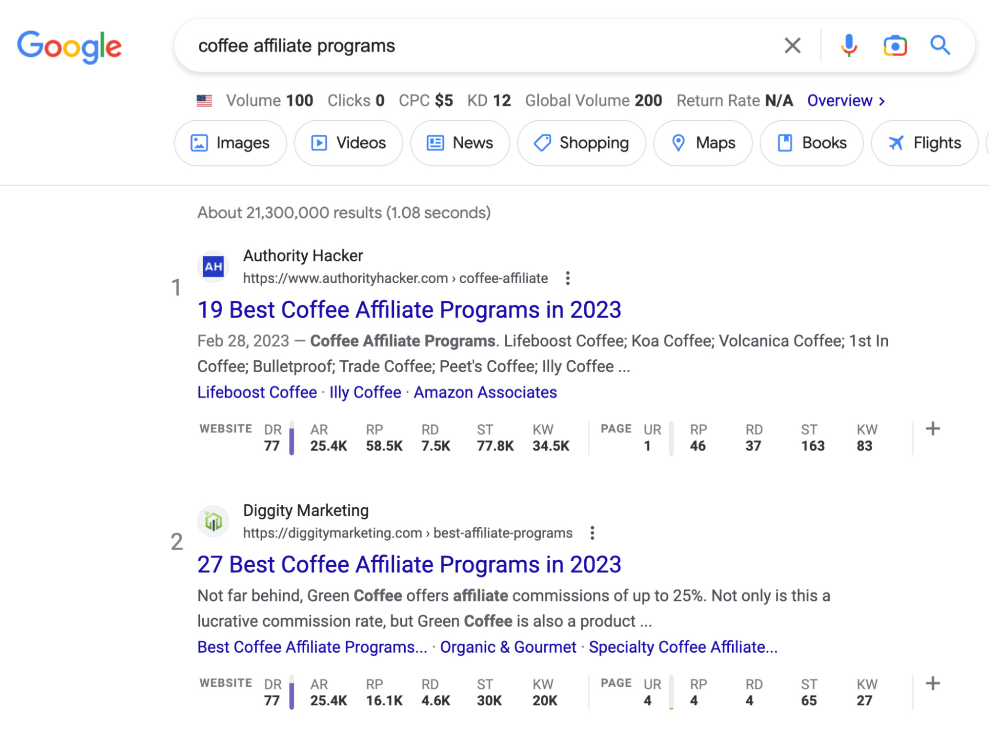 Resultados de búsqueda de Google para "programas de afiliados de café"