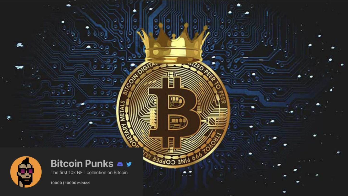 Una imagen del logotipo de Bitcoin y un NFT de Bitcoin Punks.