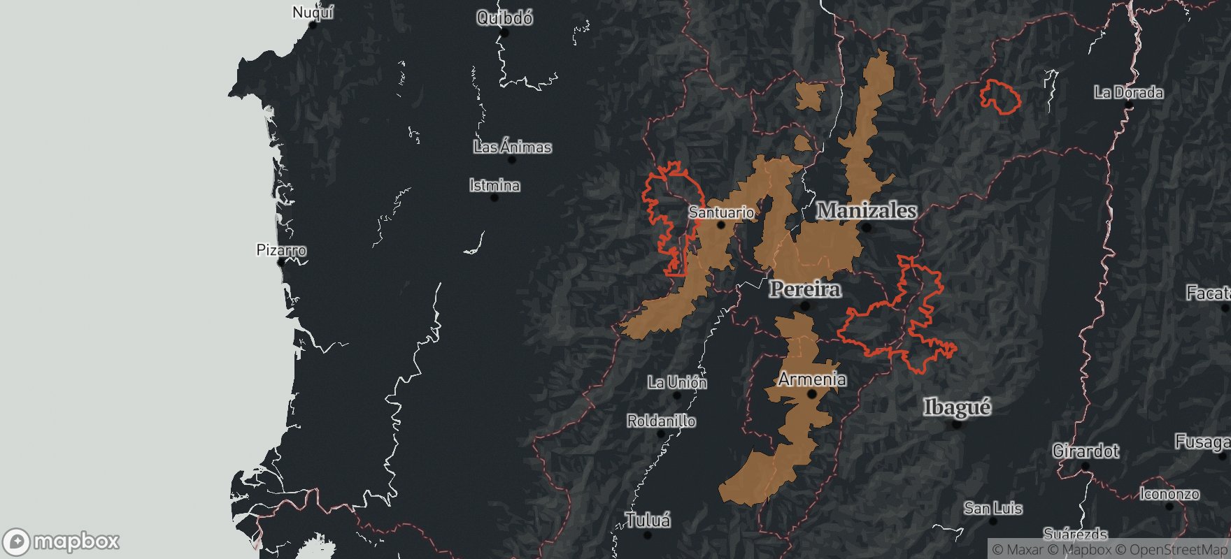 Een kaart van koffieteeltgebieden in Colombia