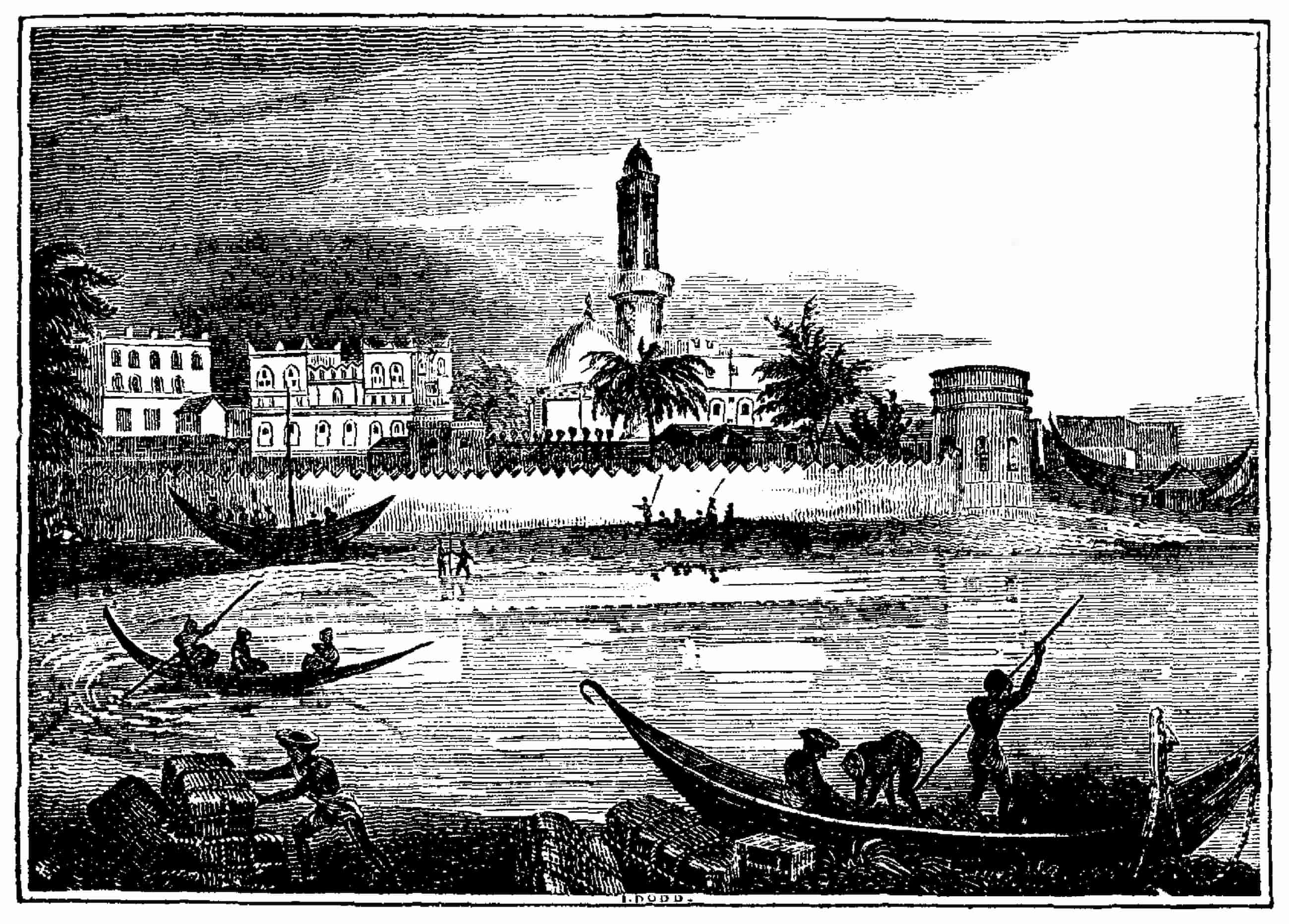 Een illustratie van de haven van Mocha, kleine boten bewegen in het water voor een ommuurde nederzetting.