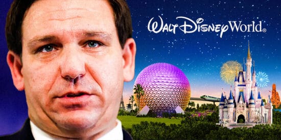 Walt Disney World (on the right) VS. Governor DeSantis (on the left) collage