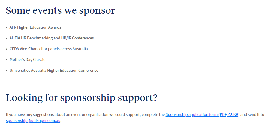 UniSuper'in sponsor olduğu etkinliklerin listesi