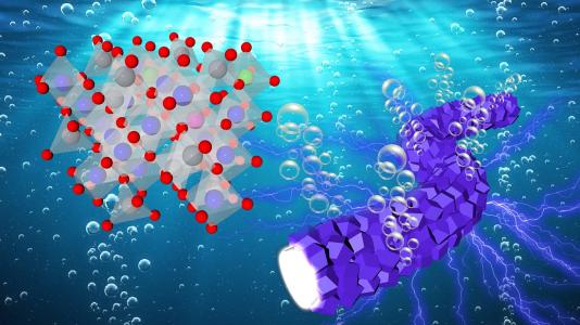 تتطور فقاعات الأكسجين من جزيئات المحفز الليفية المترابطة (يمين) أثناء تفاعل التحفيز الكهربائي مع الماء. هيكل شبكي لمحفز قائم على الكوبالت على اليسار.