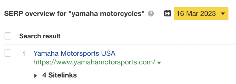 SERP-overzicht voor "yamaha-motorfietsen", via Ahrefs' Keywords Explorer