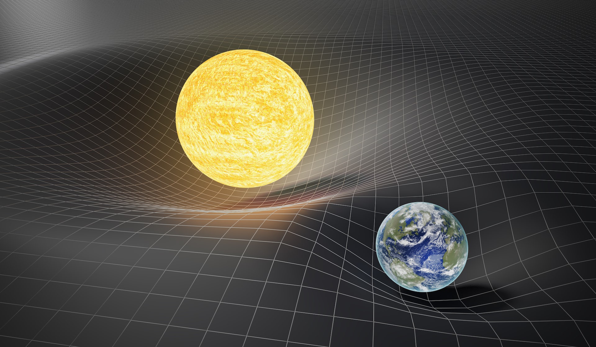 Ein Diagramm, das den sich verzerrenden Raum von Sonne und Erde zeigt.