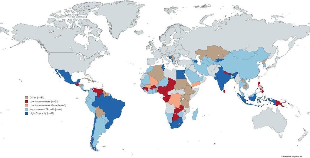 Bản đồ cho thấy chỉ số năng lực kiểm kê khí nhà kính ở các nước đang phát triển đã thay đổi như thế nào theo thời gian.