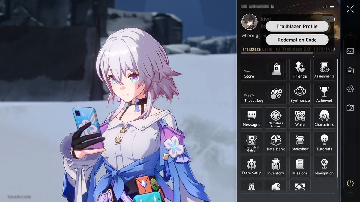 March 7th looks at her phone in Honkai: Star Rail with the menu open