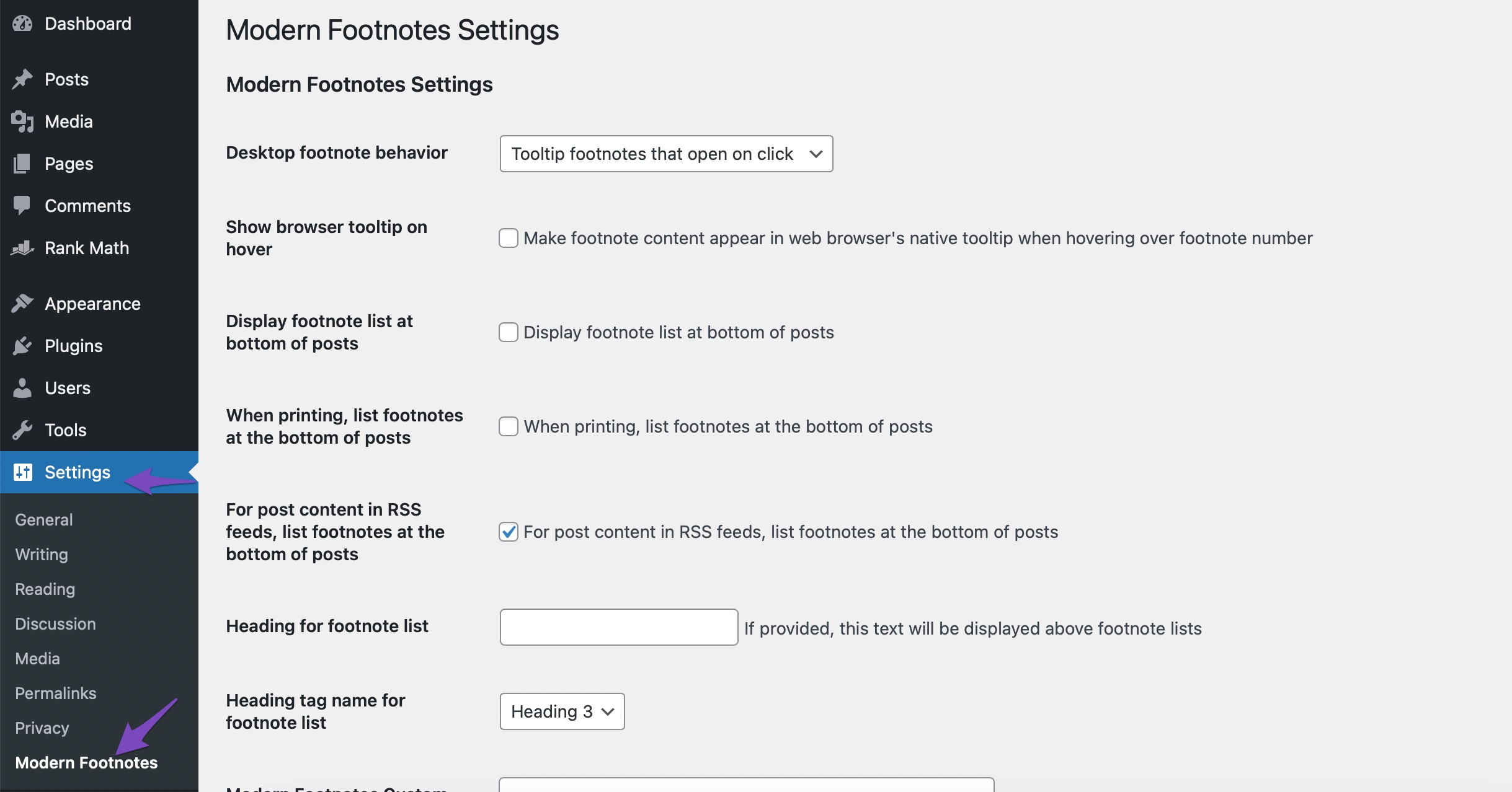 Modern Footnotes settings