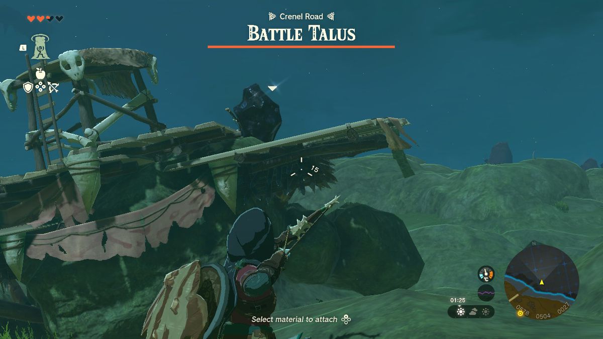 Link aims a bow at a Battle Talus in a field in Zelda Tears of the Kingdom.