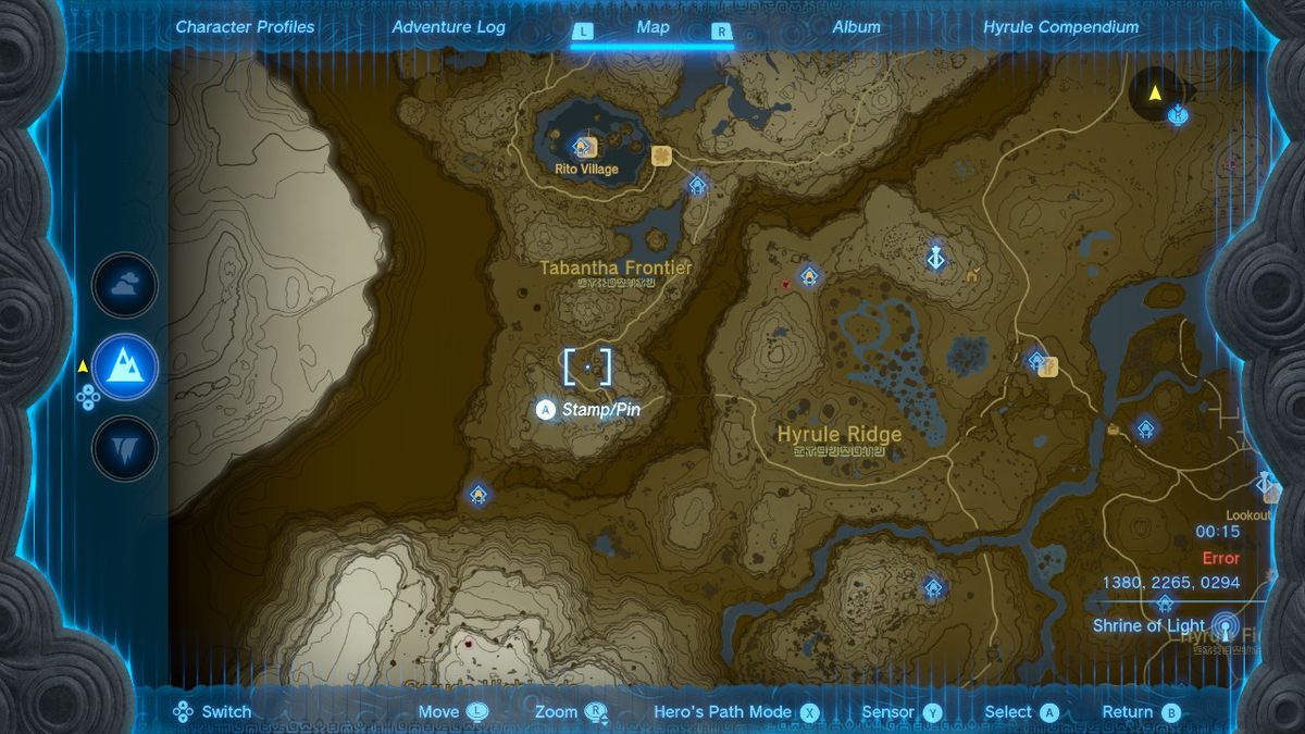 Bir harita, Zelda Tears of the Kingdom'daki Uyanış Zırhı gömleğinin yerini gösterir.