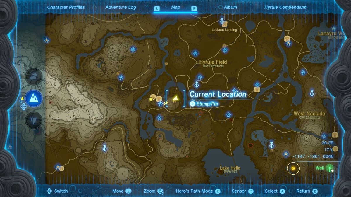 Bir harita, Uyanış Zırhı bacak parçasının Zelda Tears of the Kingdom'daki konumunu gösterir.