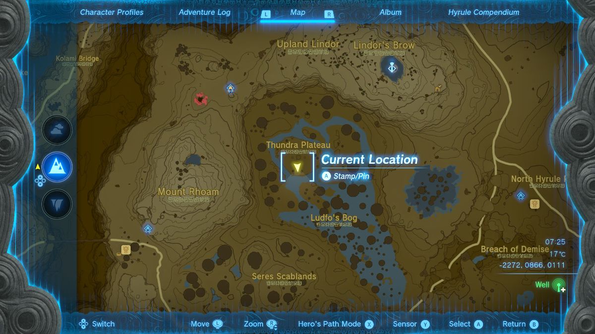 Bir harita, Zelda Tears of the Kingdom'daki Uyanış Zırhı başlığının yerini gösterir.