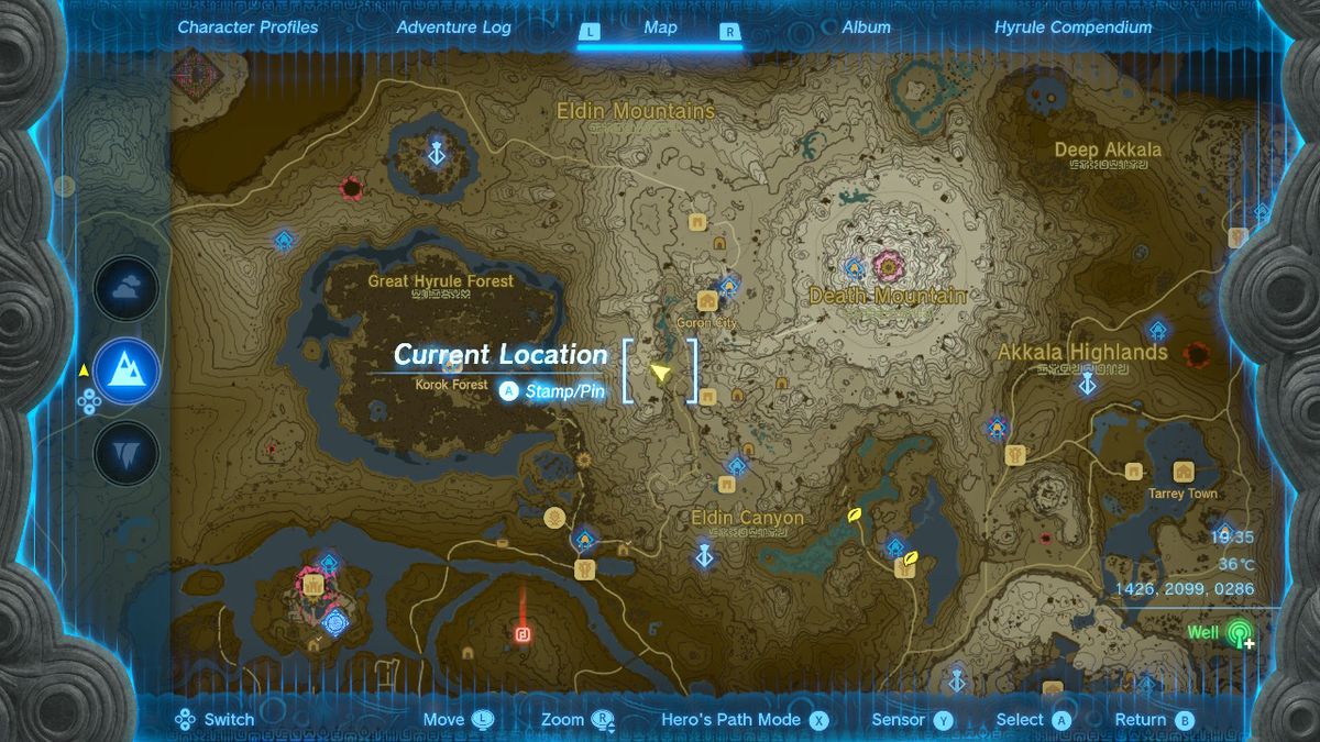 Une carte montre l'emplacement de la grotte de la rivière Goronbi dans Zelda Tears of the Kingdom.
