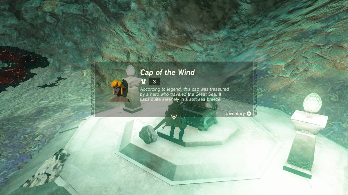 Link, Zelda Tears of the Kingdom'da Rüzgar Zırhı için başlığın bulunduğu bir sandığı açar.