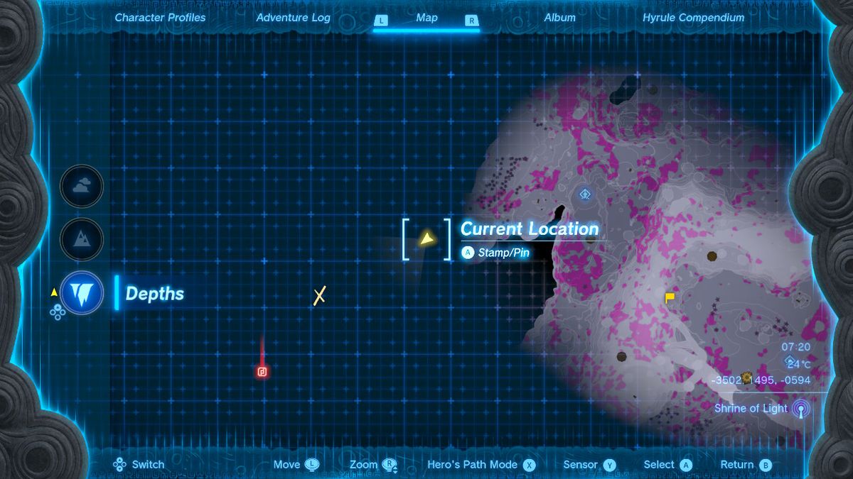 Bir harita, Zelda Tears of the Kingdom'daki Depths'teki bir sandığın yerini gösterir.