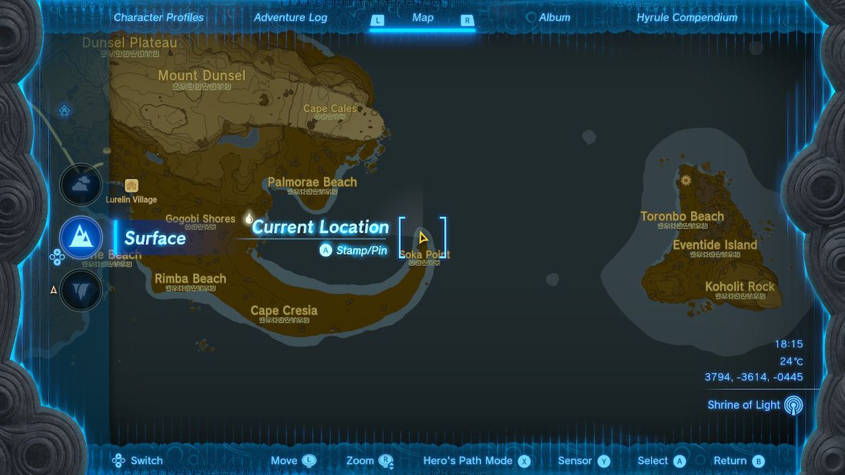 Bir harita, Zelda Tears of the Kingdom'daki Soka Point'in yerini gösterir.