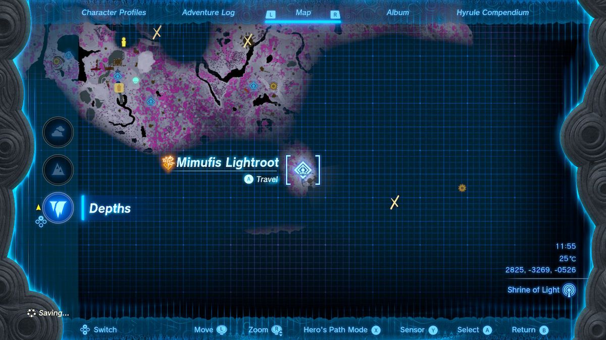 Bir harita, Mimufis Lightroot'un Zelda Tears of the Kingdom'daki yerini gösterir.