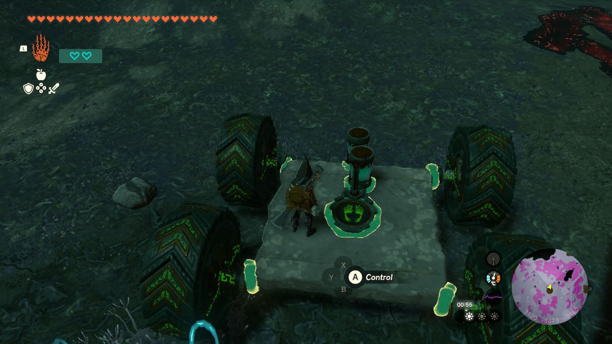 Link, Zelda Tears of the Kingdom'da Derinliklerde bir "araba" kullanıyor.