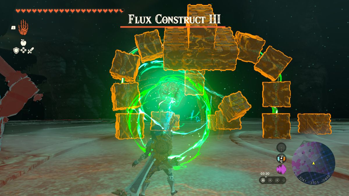 Zelda Tears of the Kingdom'da Link, Derinliklerde bir Flux Construct 3 ile savaşıyor.