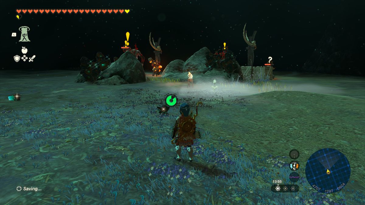 Link, Zelda Tears of the Kingdom'da Rüzgar Zırhını ararken Derinliklerdeki düşmanlara yaklaşıyor.