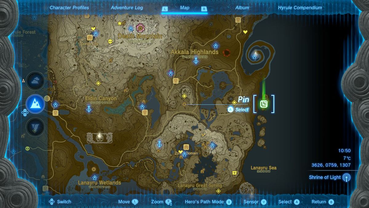 Bir harita, Zelda Tears of the Kingdom'daki Tingel Adası'nın konumunu gösterir.