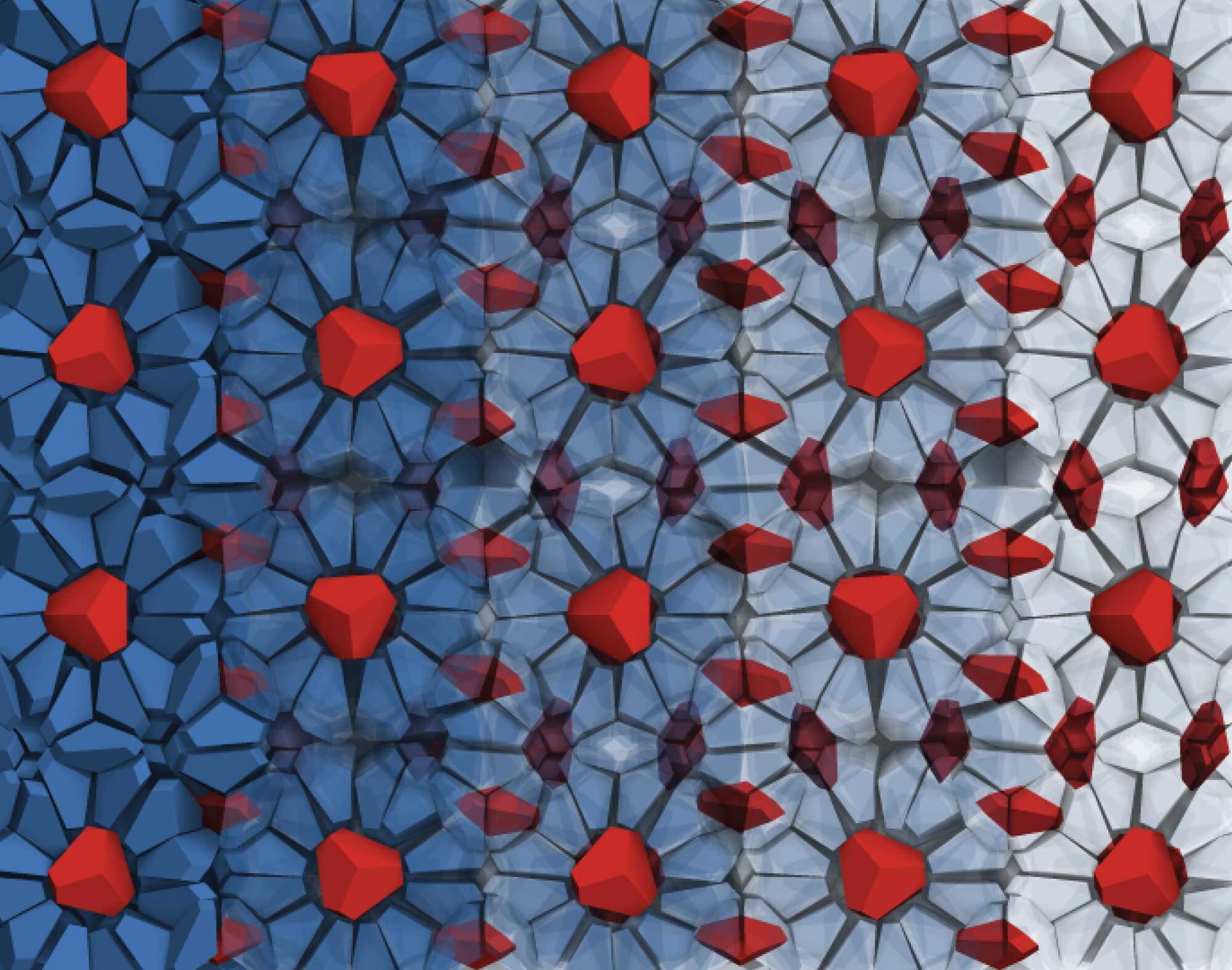 The cages of the host network of bipyramid particles are shown in blue on the left side, becoming increasingly transparent toward the right. The red bipyramid particles are guest particles, trapped in the cages of the clathrate structure