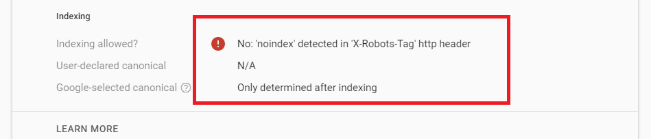 X-robots-tag in URL-inspectietool