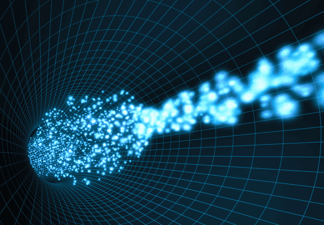 Bir hızlandırıcıdaki bir parçacık ışınının grafik gösterimi. Işın, mavi ızgara çizgileriyle işaretlenmiş siyah boşlukta uçan parlak mavi noktalardan oluşan bir jet olarak görünür.