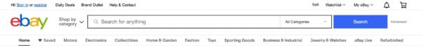 ebays Top-Menü mit einem farbenfrohen Logo, Links zu verschiedenen Abschnitten auf der Website und einer großen Suchleiste
