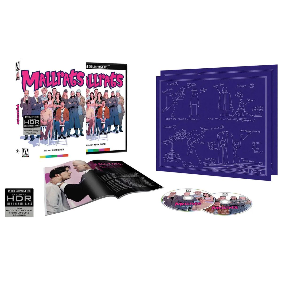 Una edición especial del video Mallrats from Arrow que incluye múltiples Blu-rays, un folleto y un diagrama de Jay y Silent Bob.
